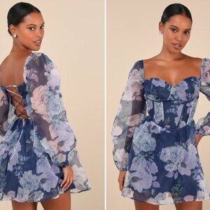 Lulus Positively Enchanting Blue Floral Organza Bustier Mini Dress - Size L
